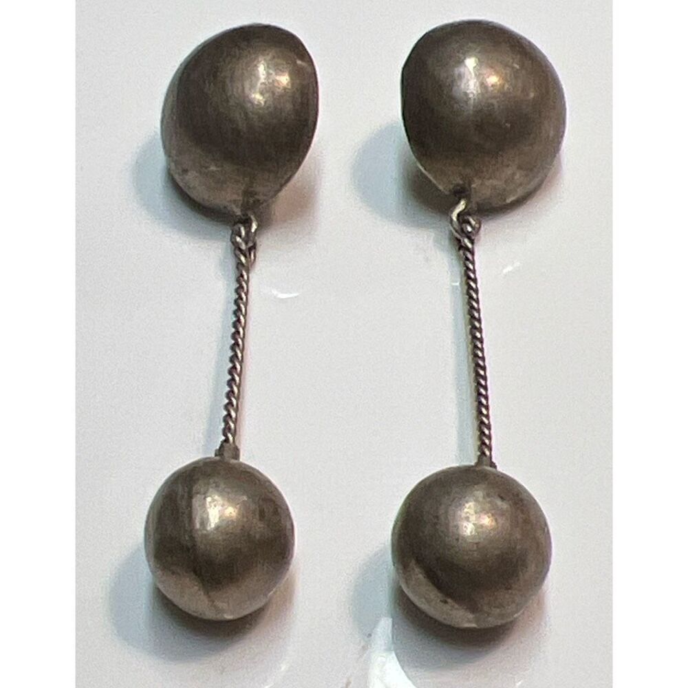 Sterling Silver Tone Vintage Modernist Drop Double Ball Dangle Earrings - Silver